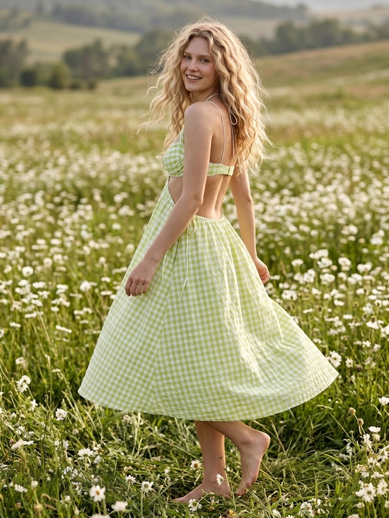 For Love And Lemons Dresses & Skirts - For Love & Lemons Maureen Midi Dress Size Small Neon Green Gingham Cut Out NWT